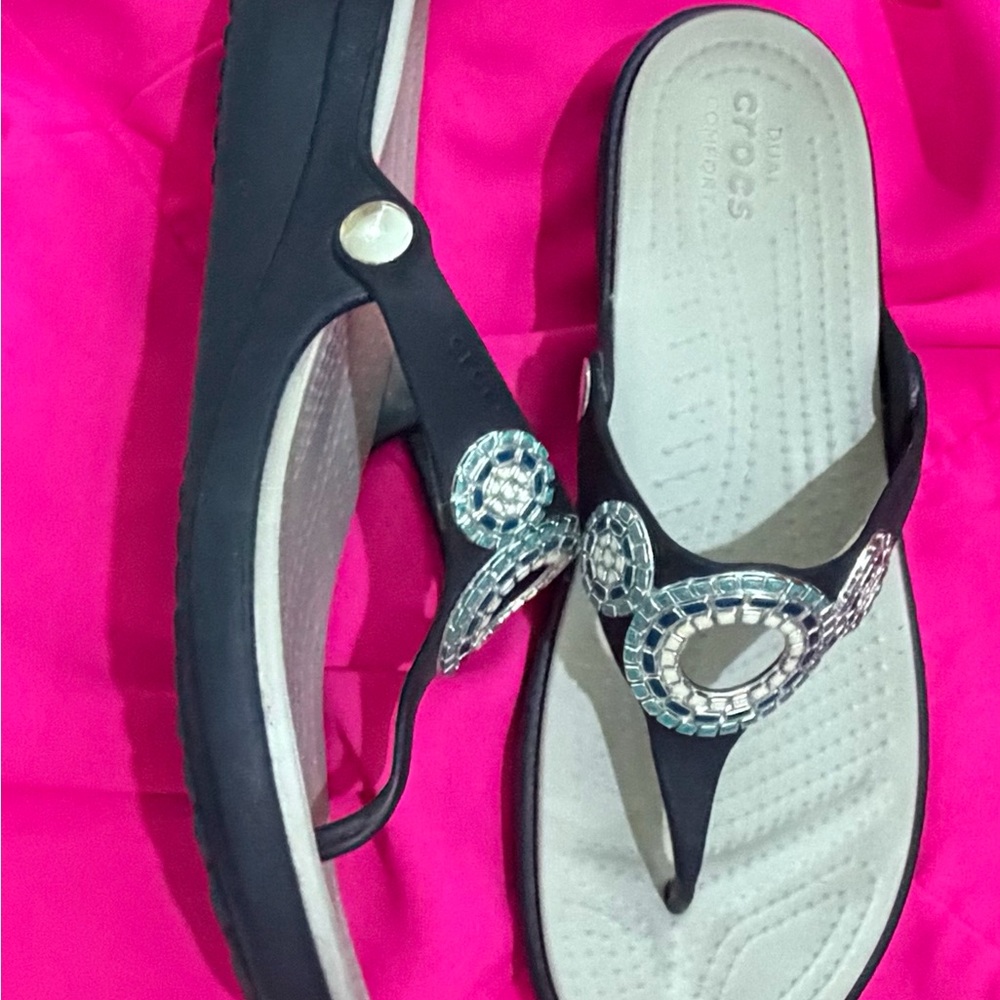 CROCS Women’s Navy Thong Sandals with Silver Rhinestone Accents